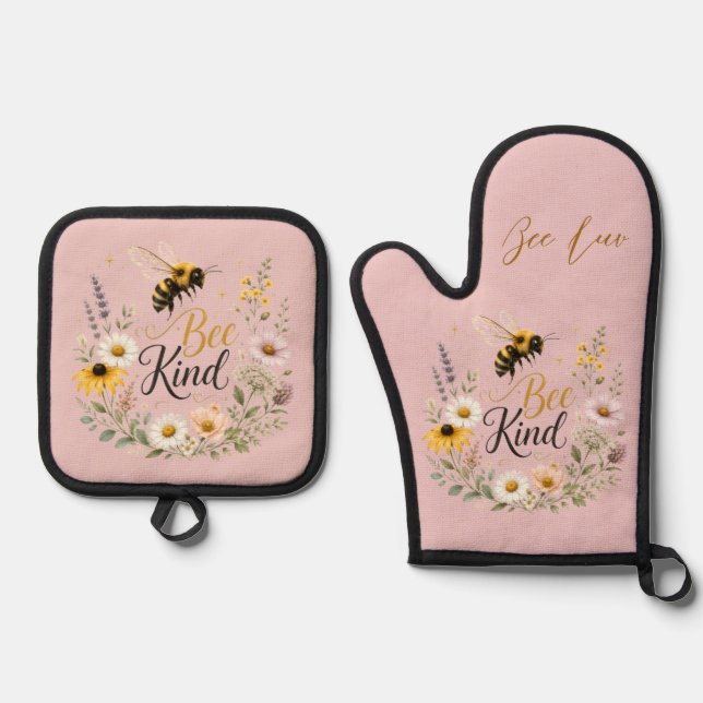 Bee Kind Pot Holder & Oven Mitt Set (Front)