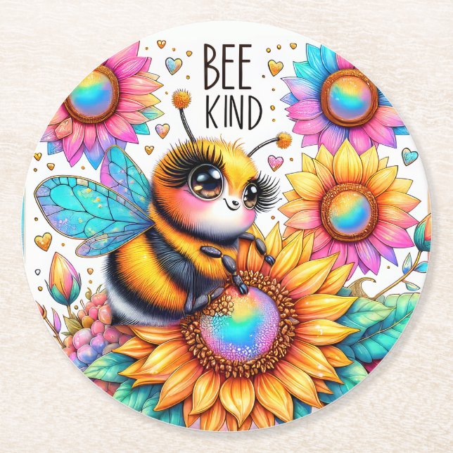 Bee Kind Round Paper Coaster (Front)
