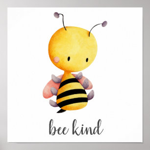 Bee Kind Yellow Pink Bee Kids Nursery Poster