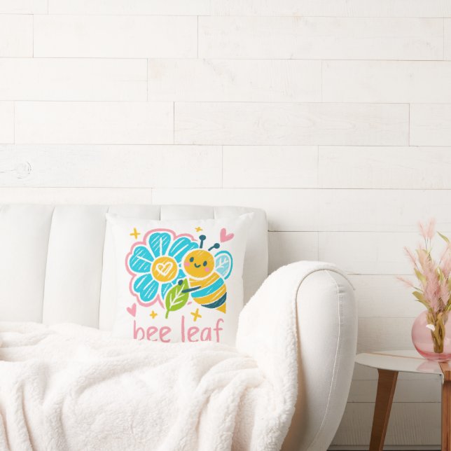 Bee Leaf' Crayon Art: Happy Bumblebee Animal Lover Cushion (Couch)