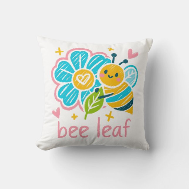 Bee Leaf' Crayon Art: Happy Bumblebee Animal Lover Cushion (Front)