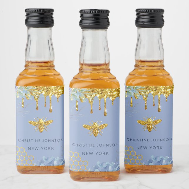 bee logo and blue hydrangea liquor bottle label (Bottles)