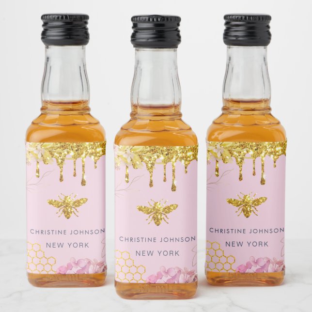 bee logo and pink hydrangea liquor bottle label (Bottles)