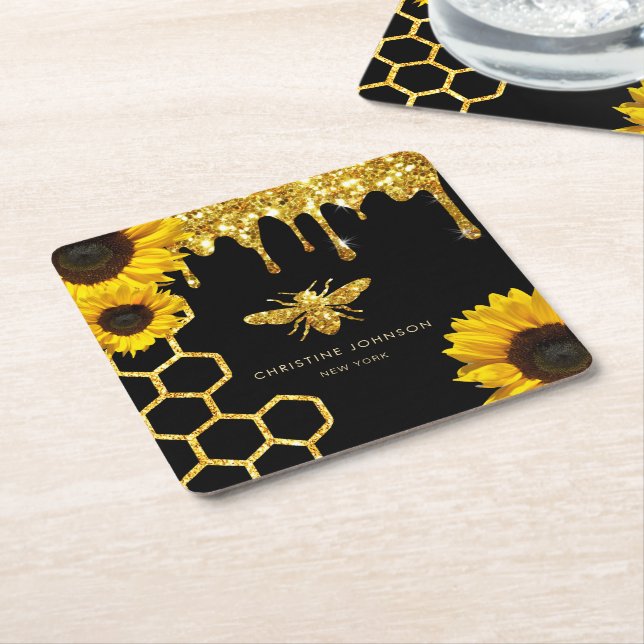 bee logo and sunflowers square paper coaster (Angled)