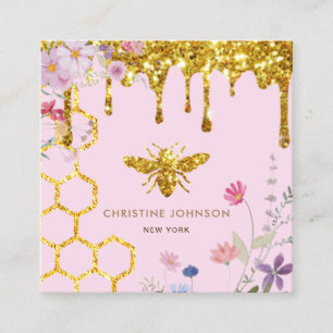 bee logo and wildflowers pink square business card