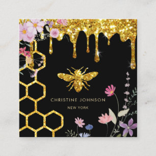 bee logo and wildflowers square business card