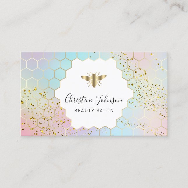 bee logo on FAUX glitter pastel colours honeycomb Business Card (Front)