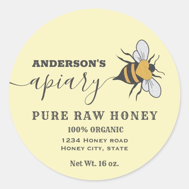 Bee logo script apiary honey jar label (Front)
