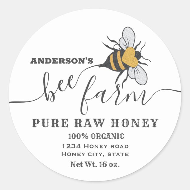 Bee logo script bee farm honey jar label (Front)