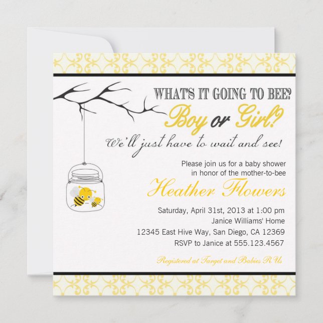 Bee Mason Jar Baby shower invitation (Front)