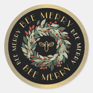 BEE Merry Apiary Beekeeper Christmas Wreath & Bee Classic Round Sticker