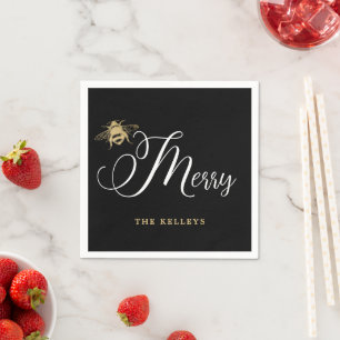 Bee Merry, Black and Gold Holiday Napkin