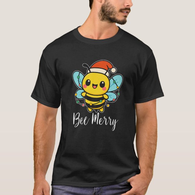 Bee Merry Christmas Bee Wears Santa Hat Xmas Light T-Shirt (Front)