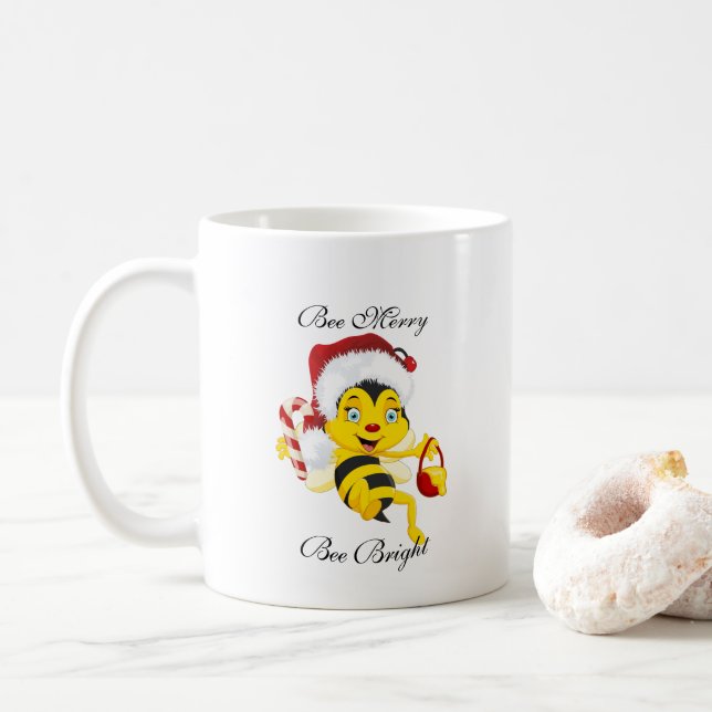 Bee Merry Christmas Cartoon Coffee Mug (With Donut)