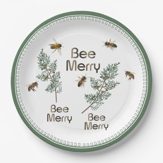 Bee Merry Christmas Evergreen Holiday Party Plate (Front)