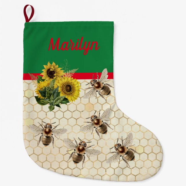Bee Merry Christmas Sunflower Large Christmas Stocking (Front)