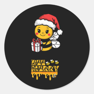Bee Merry Cute Christmas Bee With Santa Hat Holida Classic Round Sticker