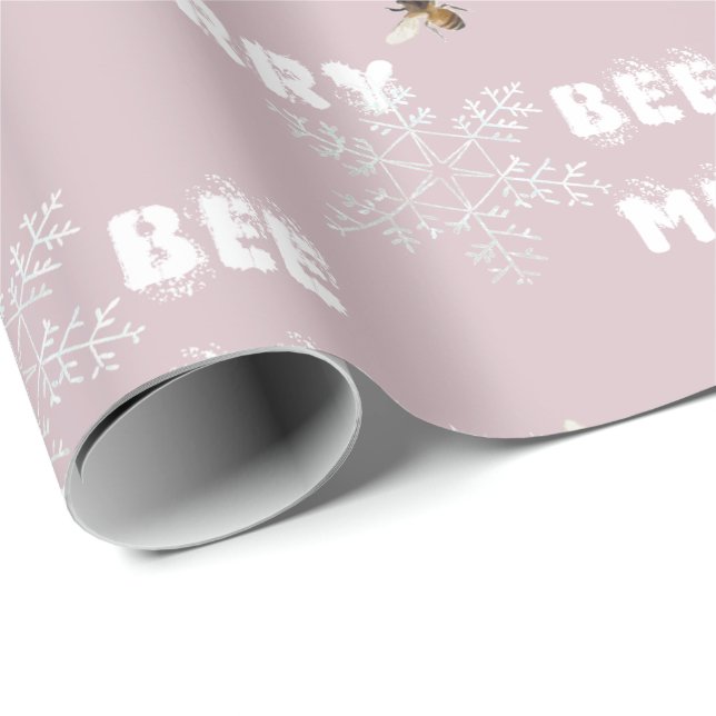 Bee Merry Dreamy Snowflakes Beekeeper Holiday Pink Wrapping Paper (Roll Corner)