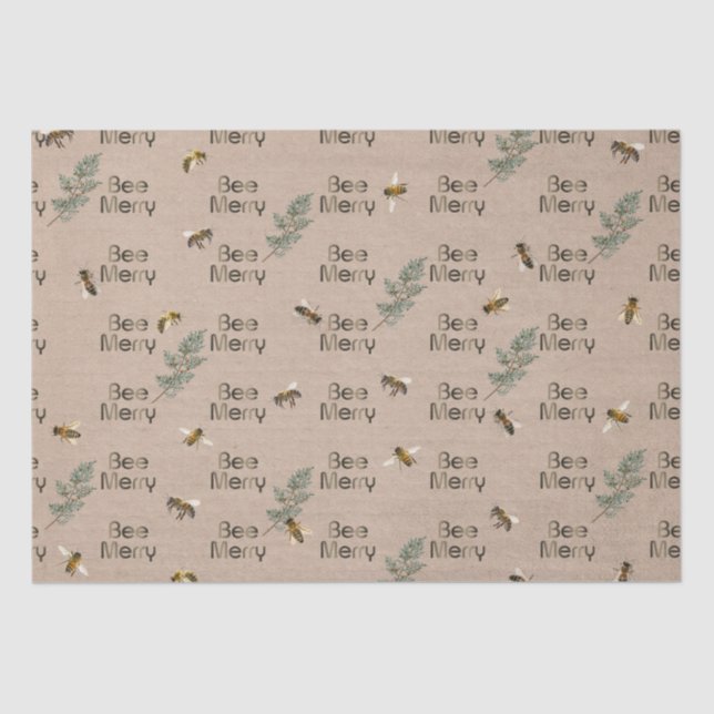 Bee Merry Evergreen Kraft Holiday Christmas Tissue Paper (Front)