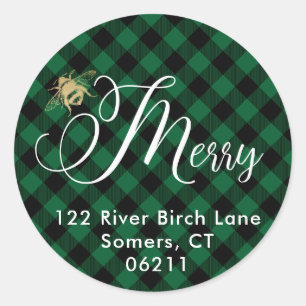 Bee Merry, Green Buffalo Check Holiday Address Classic Round Sticker