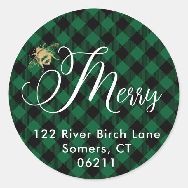 Bee Merry, Green Buffalo Check Holiday Address Classic Round Sticker (Front)