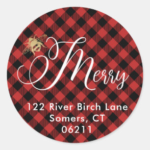 Bee Merry, Green Buffalo Check Holiday Address Classic Round Sticker