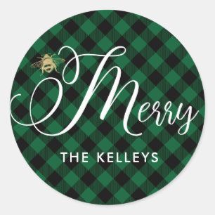 Bee Merry, Green Buffalo Check Round Gift Sticker