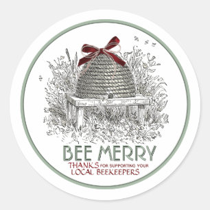 Bee Merry Holiday Honey Skep with Red Bow Sticker
