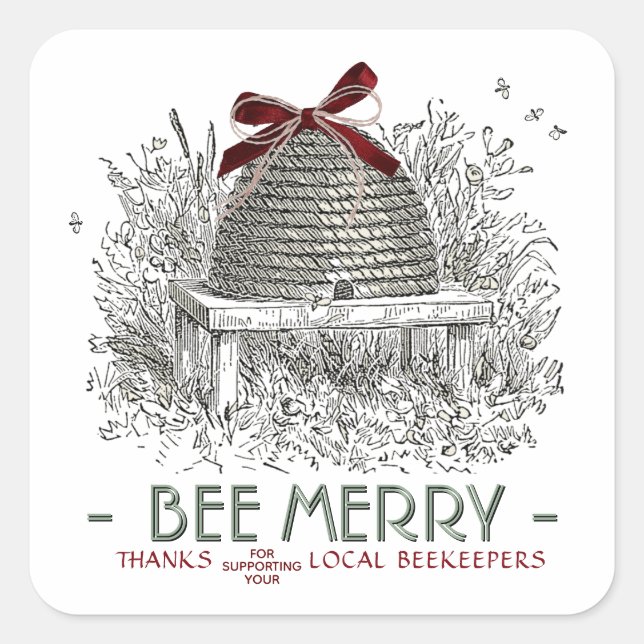 Bee Merry Holiday Sticker Skep with Red Bow (Front)