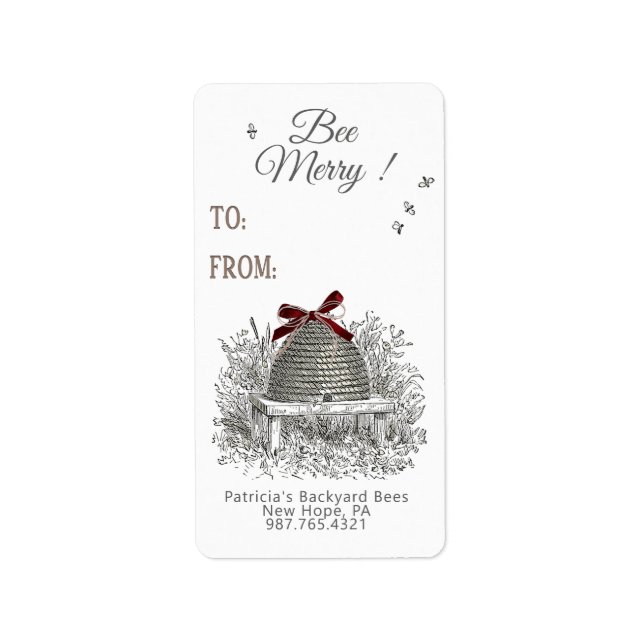 Bee Merry Honey Gift Label Red Bow on Skep (Front)