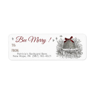Bee Merry Honey Gift Label Red Bow Skep Christmas