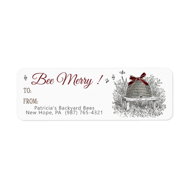 Bee Merry Honey Gift Label Red Bow Skep Christmas (Front)