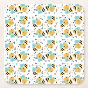 Bee Mine Bumblebee Pattern Hearts Square Paper Coaster