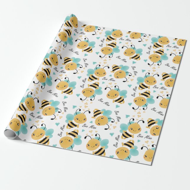 Bee Mine Bumblebee Pattern Wrapping Paper (Unrolled)