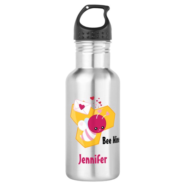 Bee Mine Cute Bee with Pink Valentine Hearts 532 Ml Water Bottle (Front)