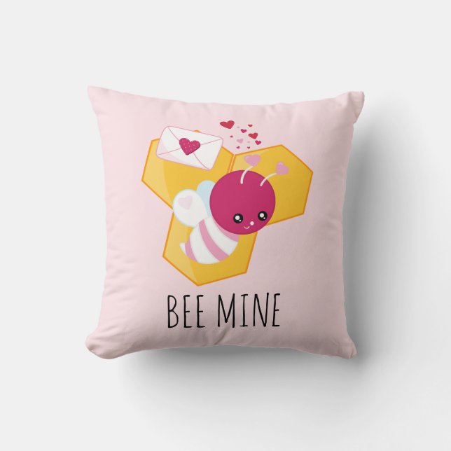 Bee Mine Cute Bee with Pink Valentine Hearts Cushion (Front)