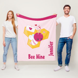 Bee Mine Cute Bee with Pink Valentine Hearts Fleece Blanket