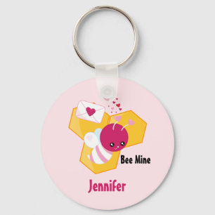 Bee Mine Cute Bee with Pink Valentine Hearts Key Ring
