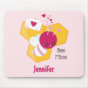 Bee Mine Cute Bee with Pink Valentine Hearts Mouse Mat