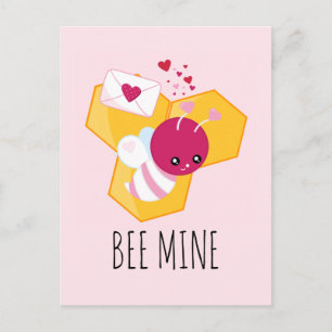 Bee Mine Cute Bee with Pink Valentine Hearts Postcard