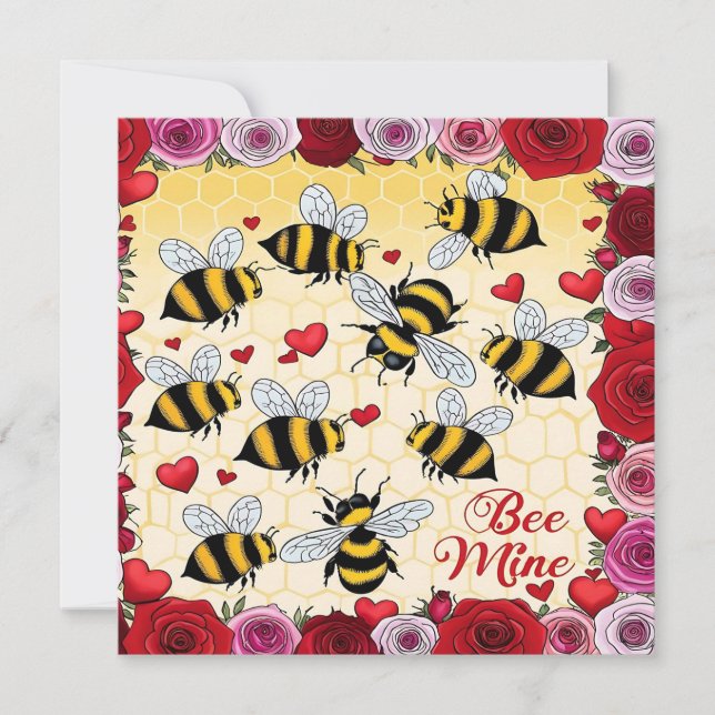 Bee Mine Floral Love Frame Flat Holiday Card (Front)