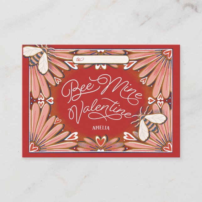 Bee Mine Flowers Pink Red Classroom Valentine Enclosure Card (Front)