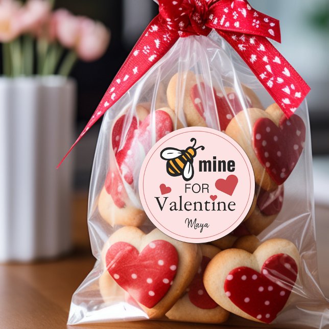 Bee Mine Valentine Favor Classic Round Sticker (Bee Mine Valentine Favor Name Classic Round Sticker)