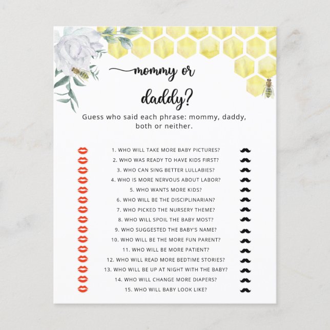 BEE mummy or daddy baby shower game (Front)