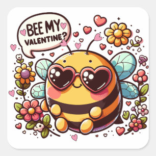 Bee My Valentine? - Charming Bee Valentine's Card  Square Sticker