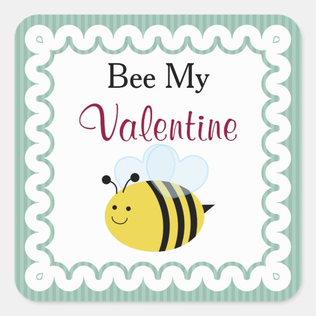 Bee My Valentine, Cute Bee, Green Stripes Square Sticker (Front)
