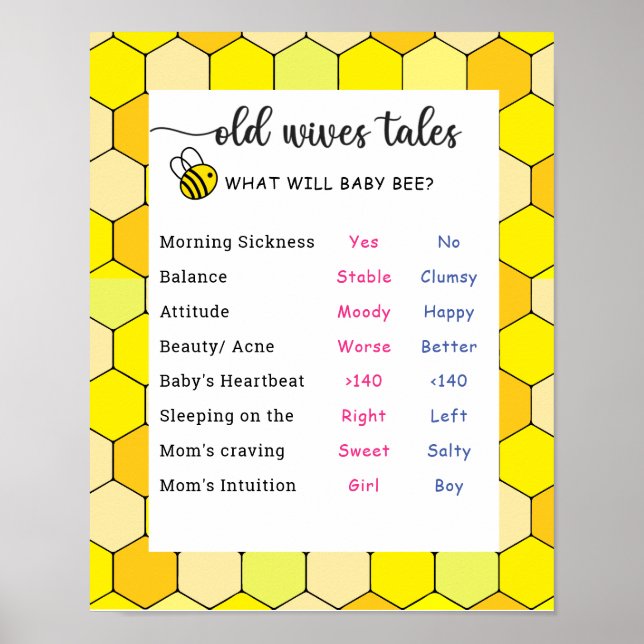 Bee Old Wives Tales Gender Reveal Board  Poster (Front)