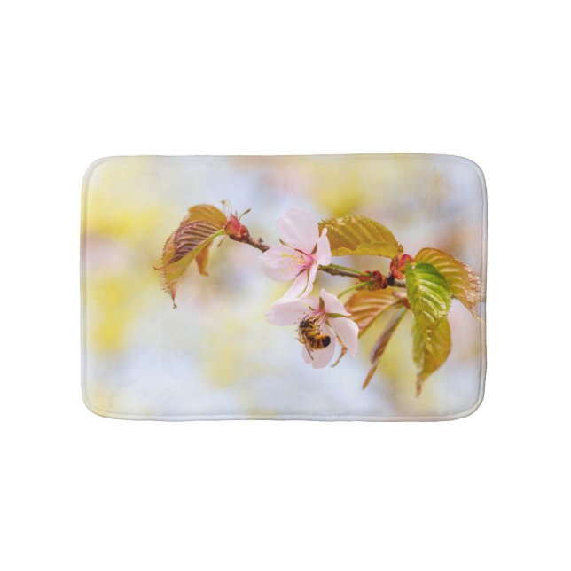 Bee On A Cherry Flower Bath Mat (Front)