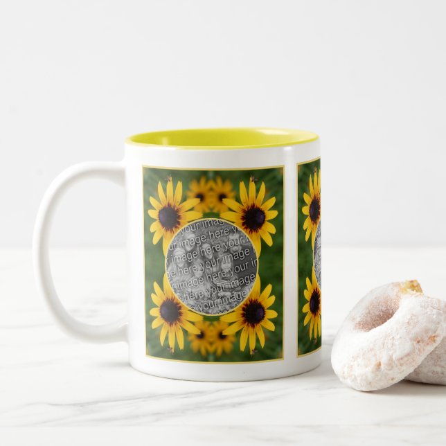 Bee On Black Eyed Susan Flower Add Your Photo Two-Tone Coffee Mug (With Donut)