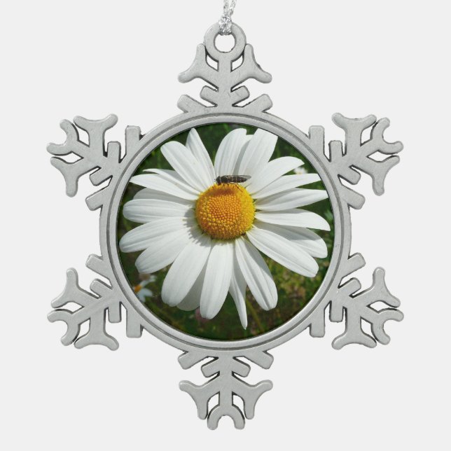 Bee on Daisy Alaskan Summer Nature Photo Snowflake Pewter Christmas Ornament (Front)